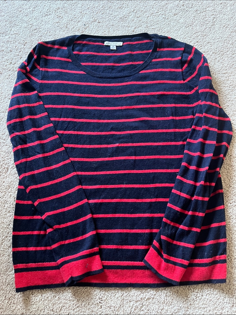 J. Crew Navy and Red Striped Crewneck Sweater
